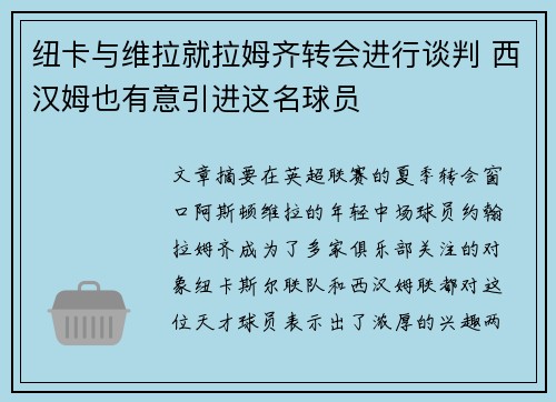 纽卡与维拉就拉姆齐转会进行谈判 西汉姆也有意引进这名球员