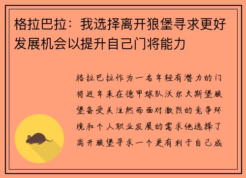格拉巴拉：我选择离开狼堡寻求更好发展机会以提升自己门将能力