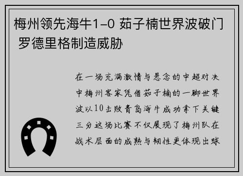 梅州领先海牛1-0 茹子楠世界波破门 罗德里格制造威胁