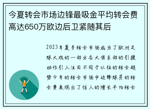 今夏转会市场边锋最吸金平均转会费高达650万欧边后卫紧随其后